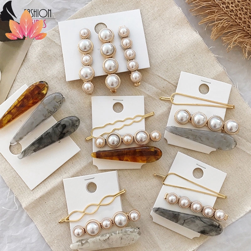 Set 7 Kẹp Tóc Đính Ngọc Trai Kiểu Dáng Lãng Mạn Jp5