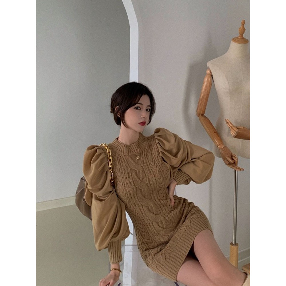 (V901) váy len ulzzang dệt kim tay phồng hàng thiết kế freesize