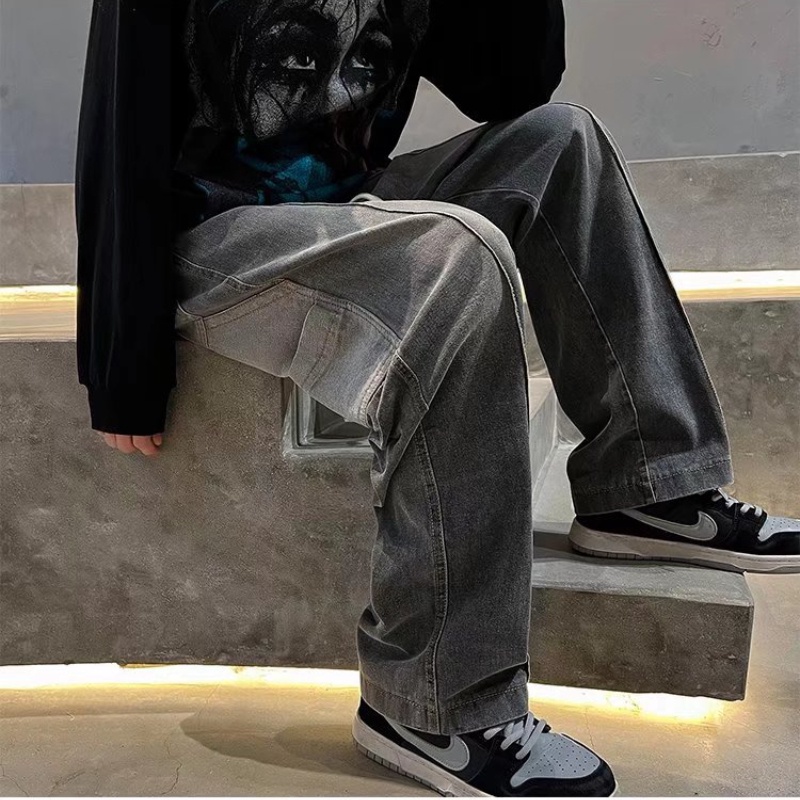 Quần denim đen ống rộng thời trang đường phố Hong Kong phong cách xuân hè cho nam