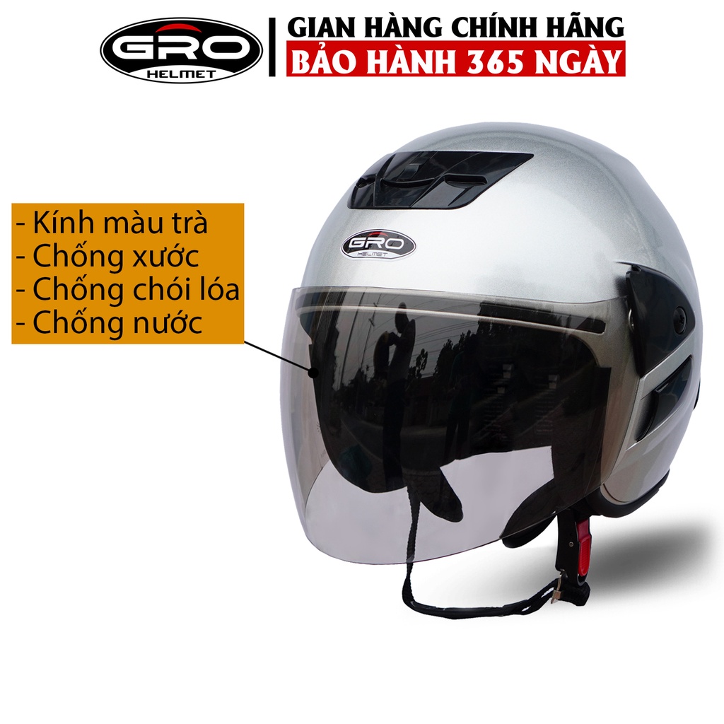 Mũ Bảo Hiểm 3/4 đầu GRO Helmet V2 có kính dài, kiểu dáng trẻ trung cho nam và nữ, khóa kim loại chắc chắn - Màu Bạc