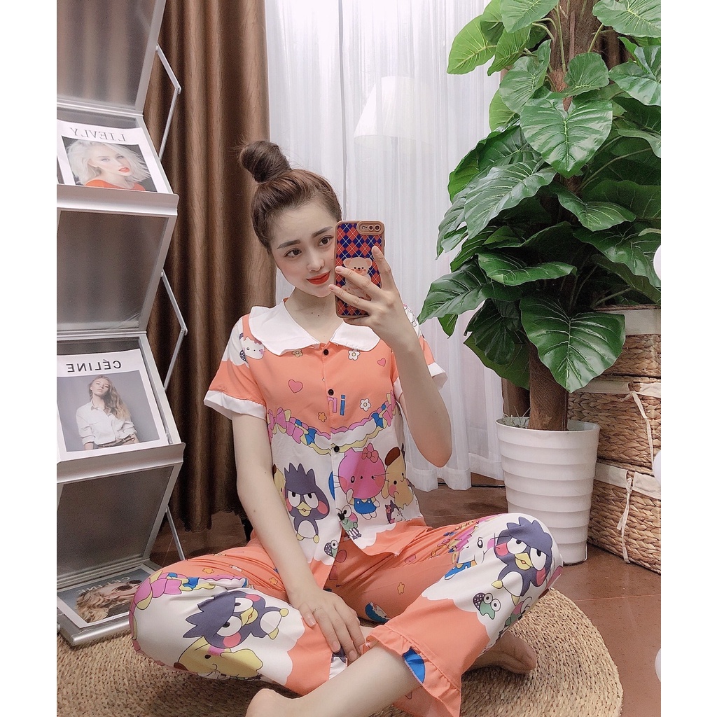 đồ bộ pijama tay ngắn quần dài mặc nhà dễ thương nữ vải Lụa Hàn Họa Tiết Siêu Cute