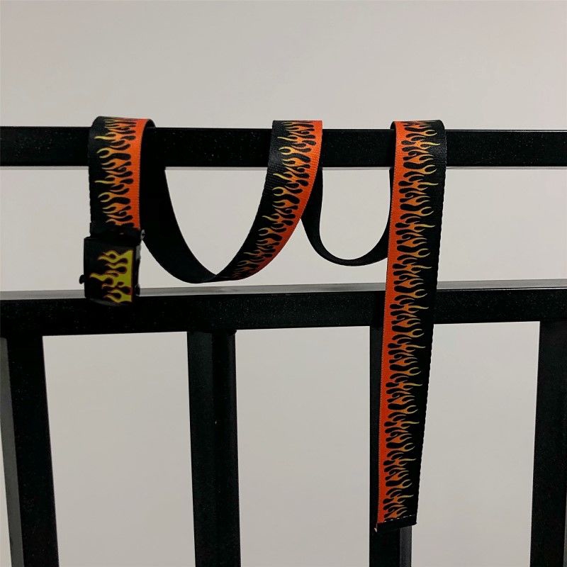 Thắt lưng 227004 khóa trượt vải canvas in họa tiết ngọn lửa phong cách Hàn Quốc dễ phối đồ cho nam nữ