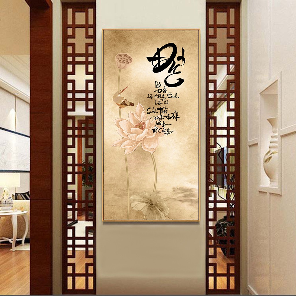 Tranh hoa sen và chữ Đức 60x120cm