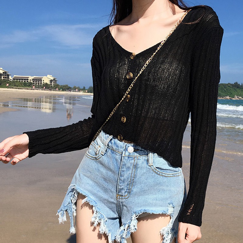 Áo Blouse nữ tay dài cổ chữ V màu trơn chống nắng