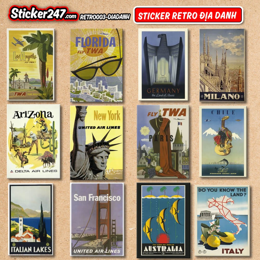 𝑭𝒓𝒆𝒆𝒔𝒉𝒊𝒑  Sticker vintage retro địa danh thế giới chống nước, sticker dán laptop, điện thoại, đàn guitar, mũ bảo hiểm