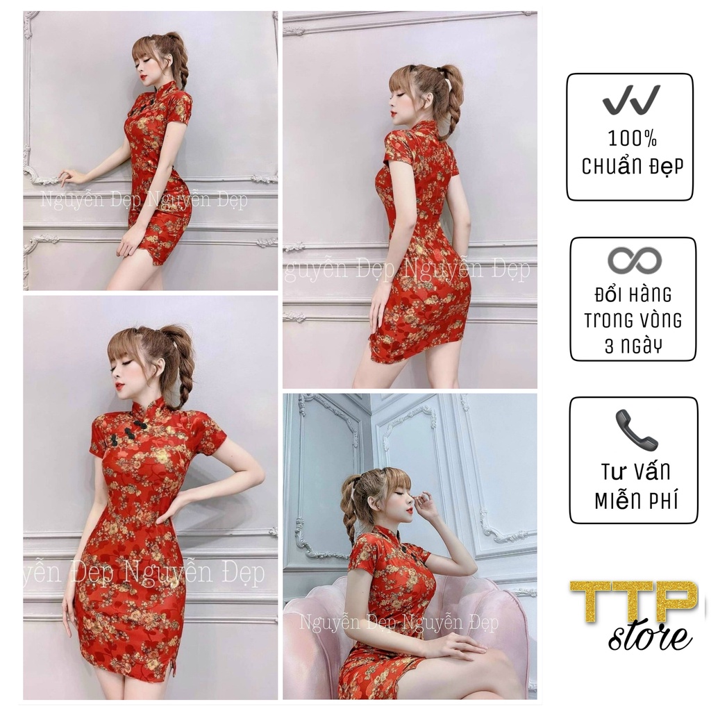 ĐẦM SƯỜN XÁM TRUNG HOA ĐỎ HOA NHÍ THUN LỤA DẺO - ĐẦM SƯỜN XÁM BODY NỮ TTP STORE
