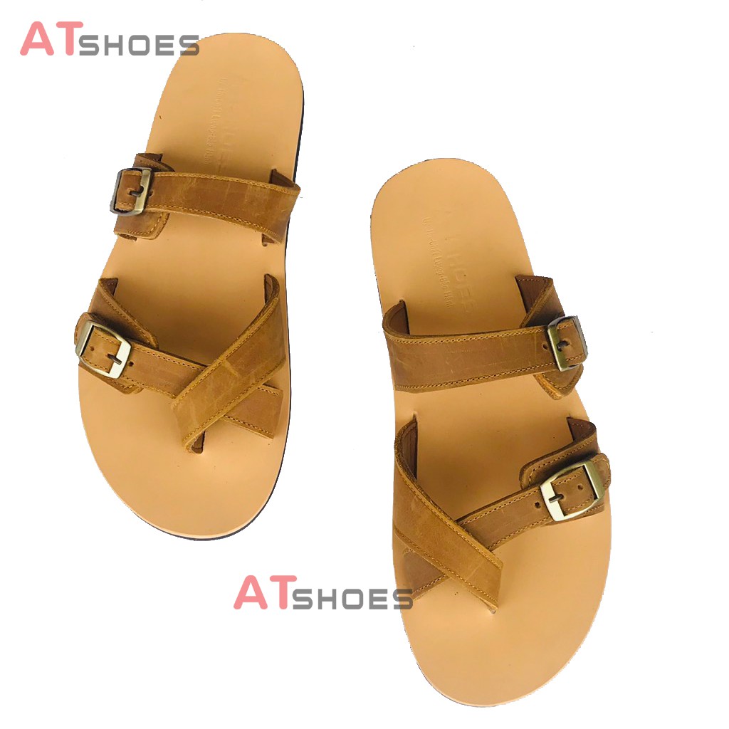 Sandal nam, dép quai ngang, dép nam da bò, không thấm nước, êm chân thoải mái Atshoes QN2M (Đen - Nâu)