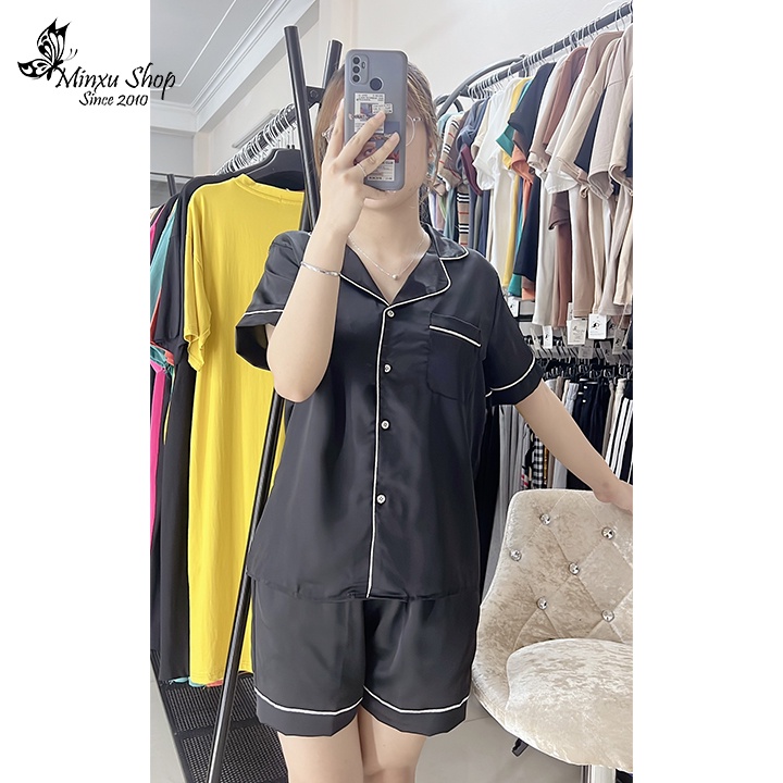 Bộ ngủ pijama trơn, bộ lụa quần đùi áo ngắn tay thiết kế viền trẻ trung lịch sự Minxu Shop PT01