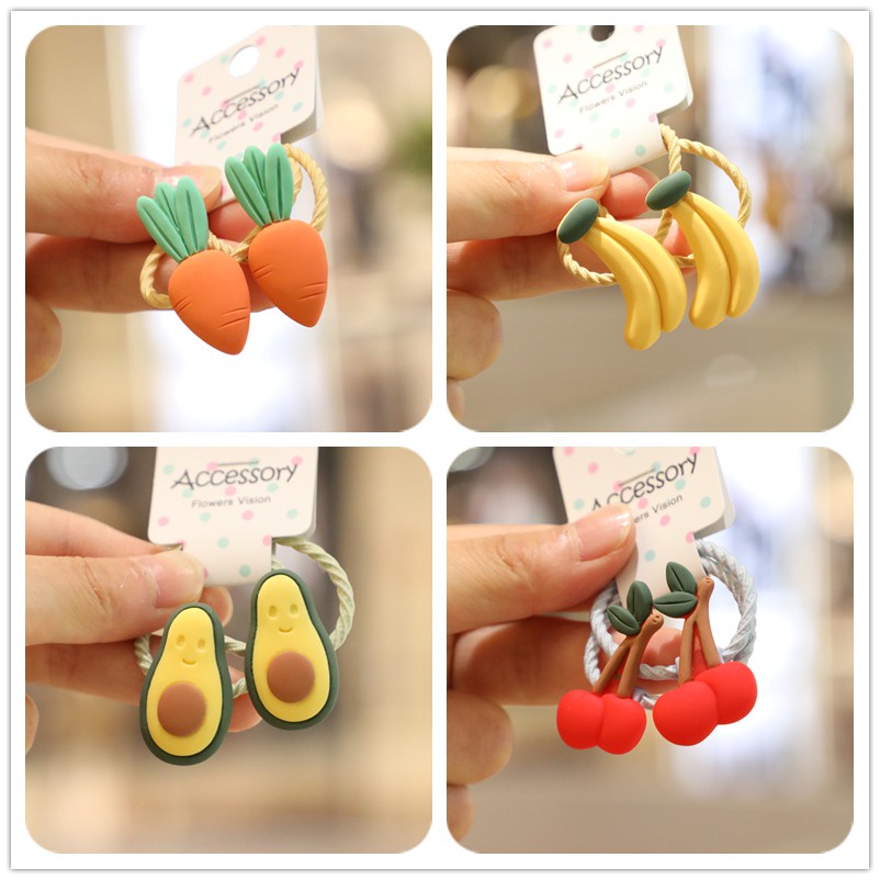Set 2 Dây Cột Tóc Hình Trái Cây Dễ Thương Cho Bé Gái