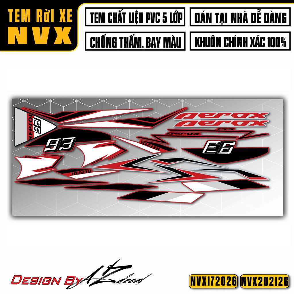 Tem Dán Xe NVX 155 Thiết Kế Aerox | NVX26 | Tem Rời Chất Liệu Decal Chống Nước, Bền Màu Cho Xe V1, V2
