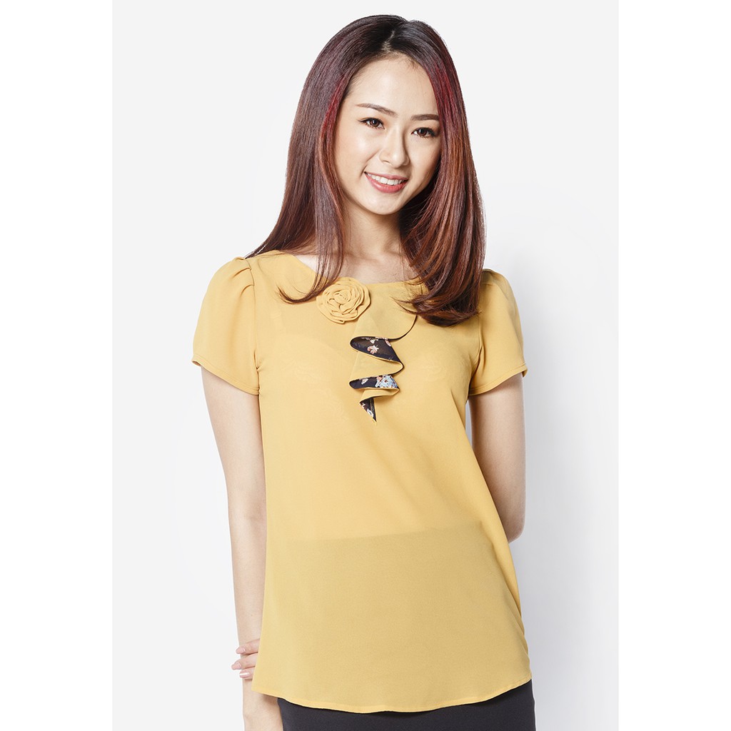 Áo sơ mi chiffon tím than tay cộc hoa cuốn bèo ngực The One Fashion AGB0583TT