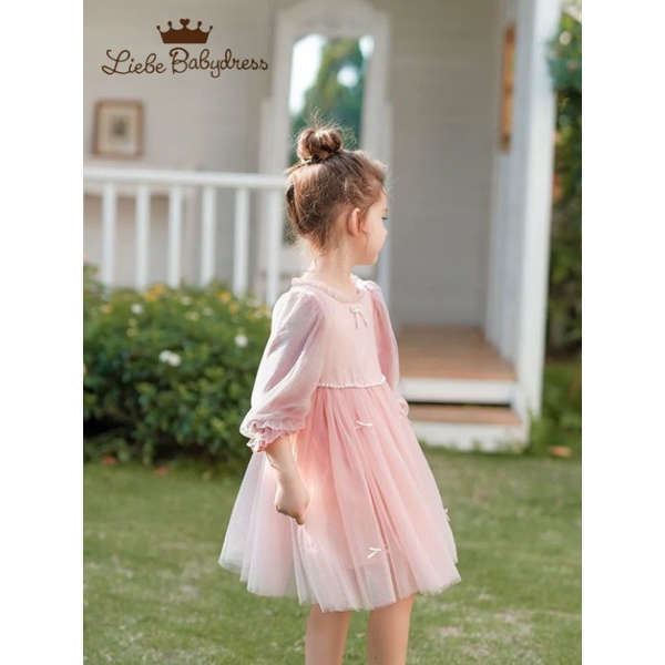 Đầm nhung voan công chúa bé gái hồng pastel phấn đính hạt 1-8 tuổi