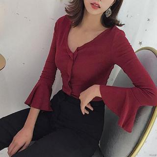 Áo thun tay dài cổ tim màu trơn thời trang cho nữ