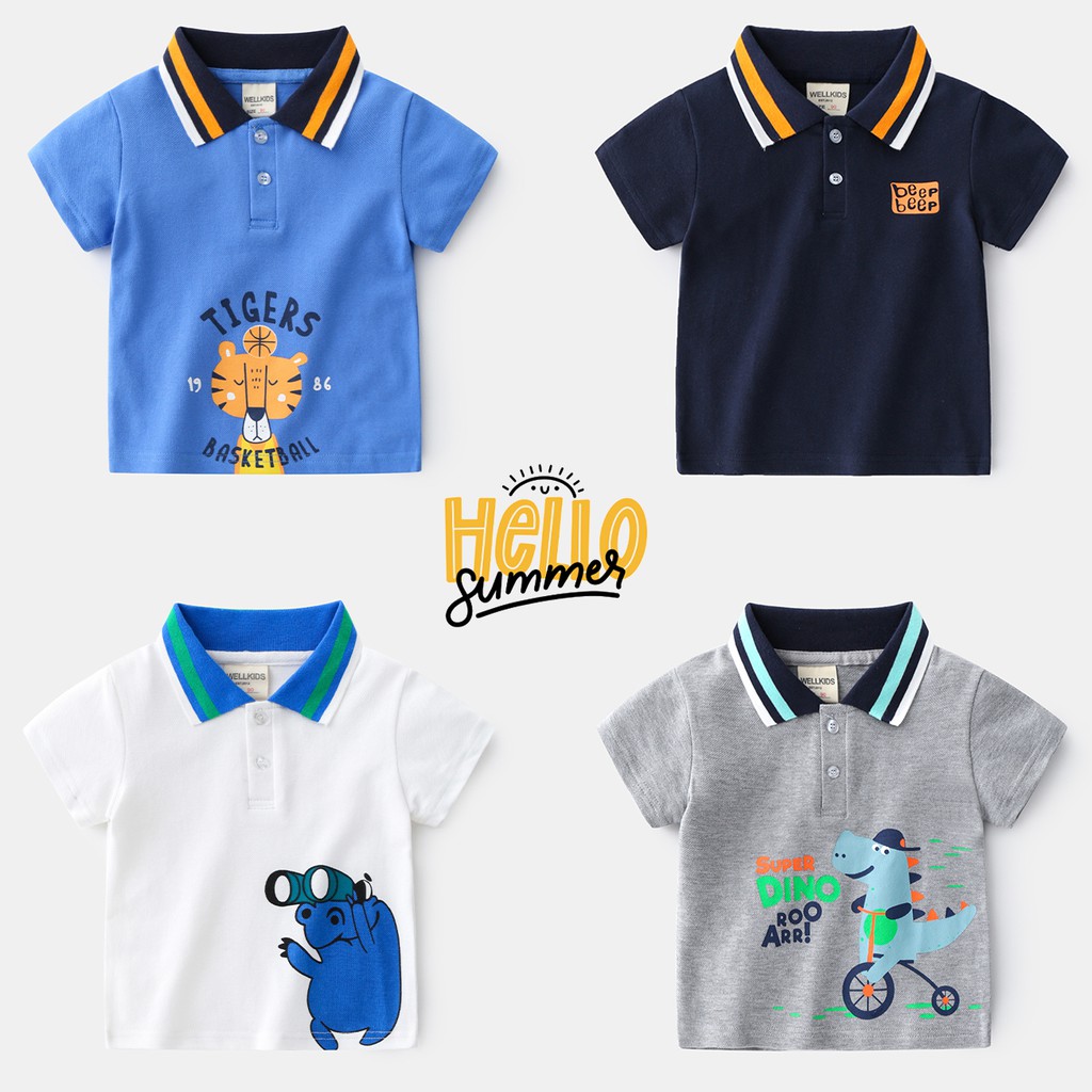 Áo Polo cho bé WELLKIDS họa tiết khủng long chất cotton hàng xuất Âu Mỹ