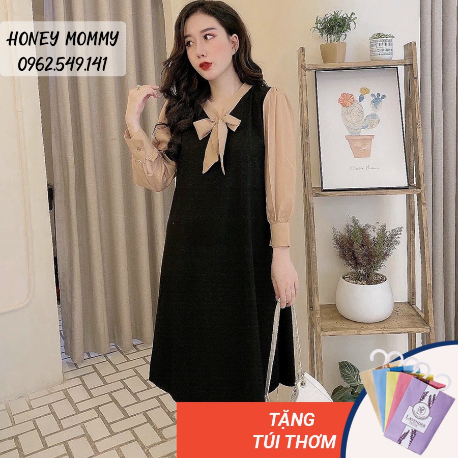 Váy Bầu Công Sở Tay Voan Váy Bầu Đi Làm Dài Tay Cổ Nơ Lịch Sự HD4618 Honey Mommy Đầm Bầu Công Sở Cổ Nơ