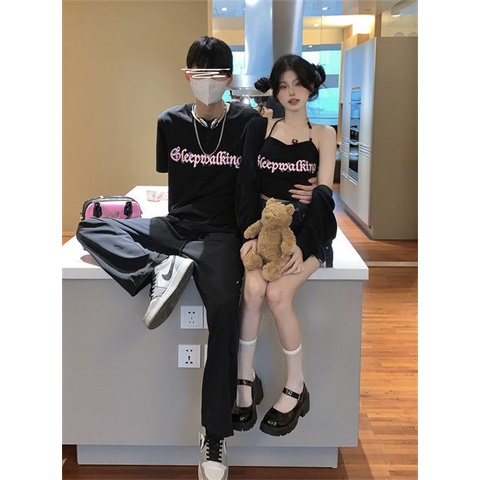 Set Áo Thun Tay Ngắn + Áo Hai Dây In Chữ Thời Trang Cho Cặp Đôi