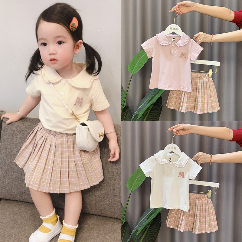 Set Áo Thun Tay Ngắn + Chân Váy Xếp Ly Kẻ Sọc Dễ Thương Cho Bé Gái