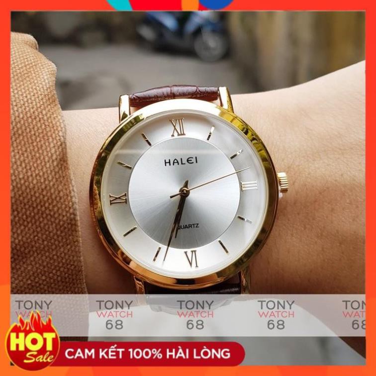 Đồng hồ nam Halei dây da mặt đồng tâm siêu mỏng mạ vàng chống nước chính hãng Tony Watch 68