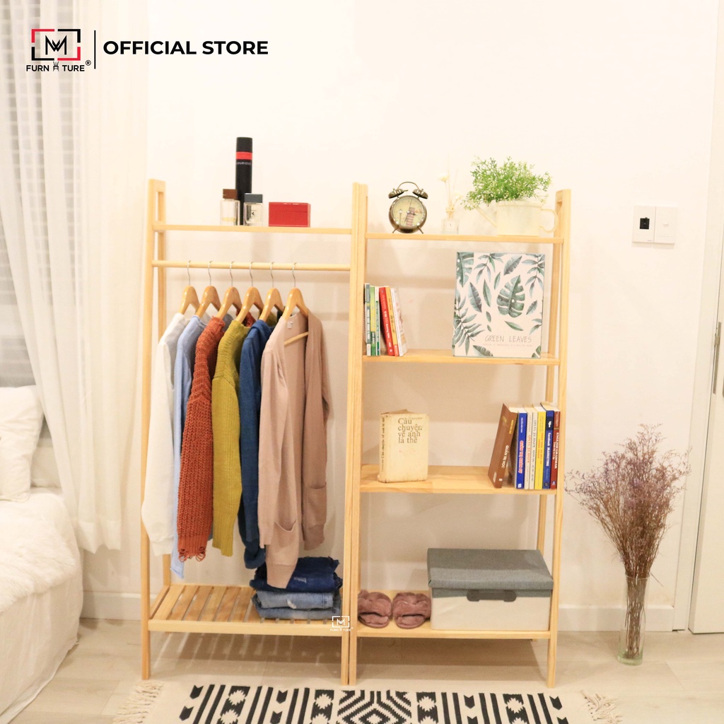 Combo giá treo hình thang và kệ sách đa năng màu gỗ thương hiệu MW FURNITURE
