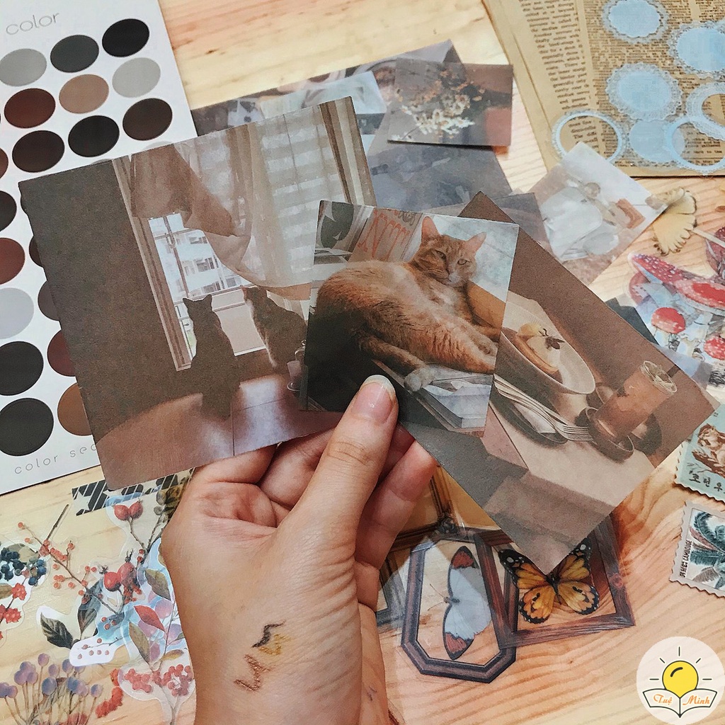 Set phụ kiện trang trí sổ bullet journal Retro gồm hộp quà tặng kraft vintage, sticker, washi tape