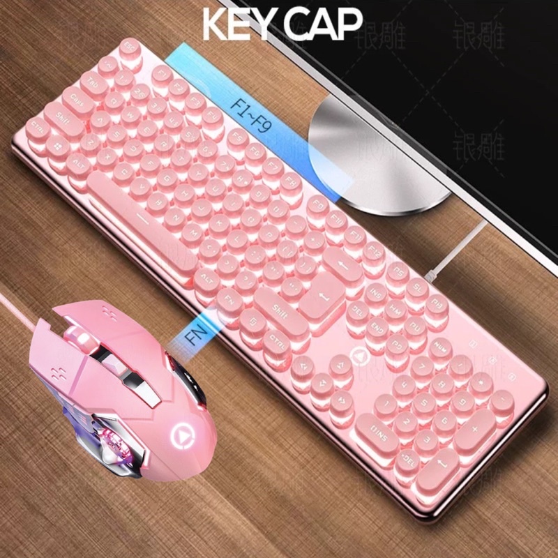 COMBO Bàn Phím Nút Tròn Chuột Máy Tính Laptop Giả Cơ YINOIAO V7 G15 LED Xuyên Chữ Đa Dụng Chơi Game Làm Việc Màu Hồng