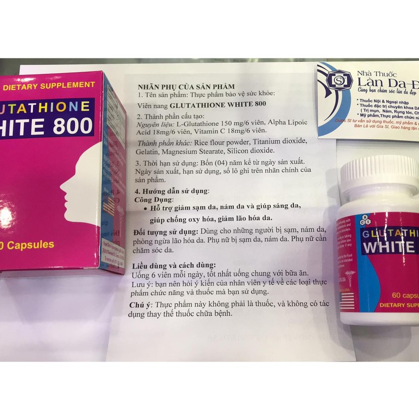 Viên uống Glutathione White 800 dưỡng trắng da ngừa lão hóa cải thiện tình trạng nám lọ 60 viên