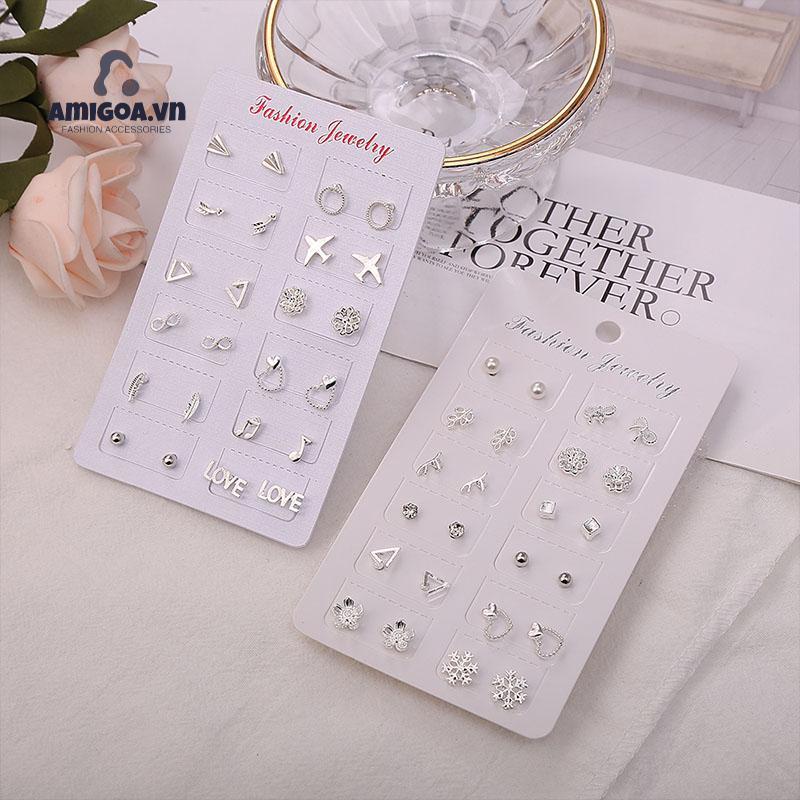 ✨✨Bộ 12 Đôi Bông Tai Bạc Thiết Kế Đơn Giản Thời Trang