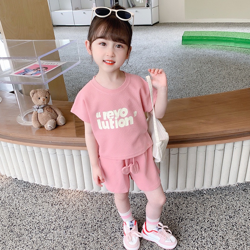 Bộ Đồ Thể Thao Áo In Chữ Phối Quần Short Màu Sắc Tương Phản Thời Trang Mùa Hè Cho Bé Gái