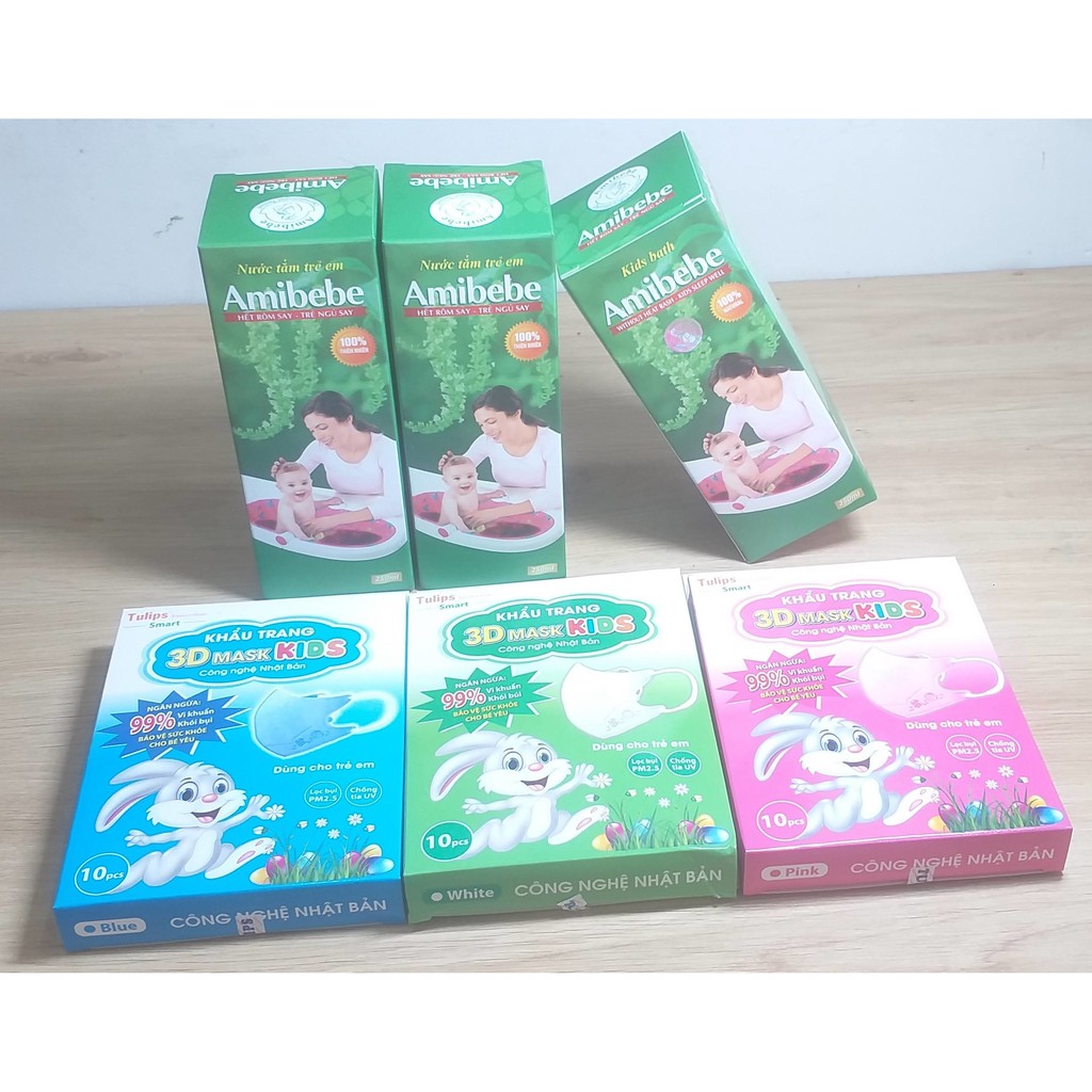 Mua 3 Nước Tắm Thảo Dược Amibebe 250ml + Tặng 1 khẩu trang em bé 3D Kids Tulip.Hộp 10 cái,có 3 màu tự chọn