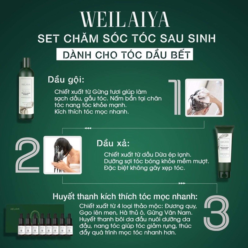 Bộ dầu gội gừng Weilaiya, tinh chất hà thủ ô và gừng tươi, hỗ trợ mọc tóc, ngăn rụng tóc,