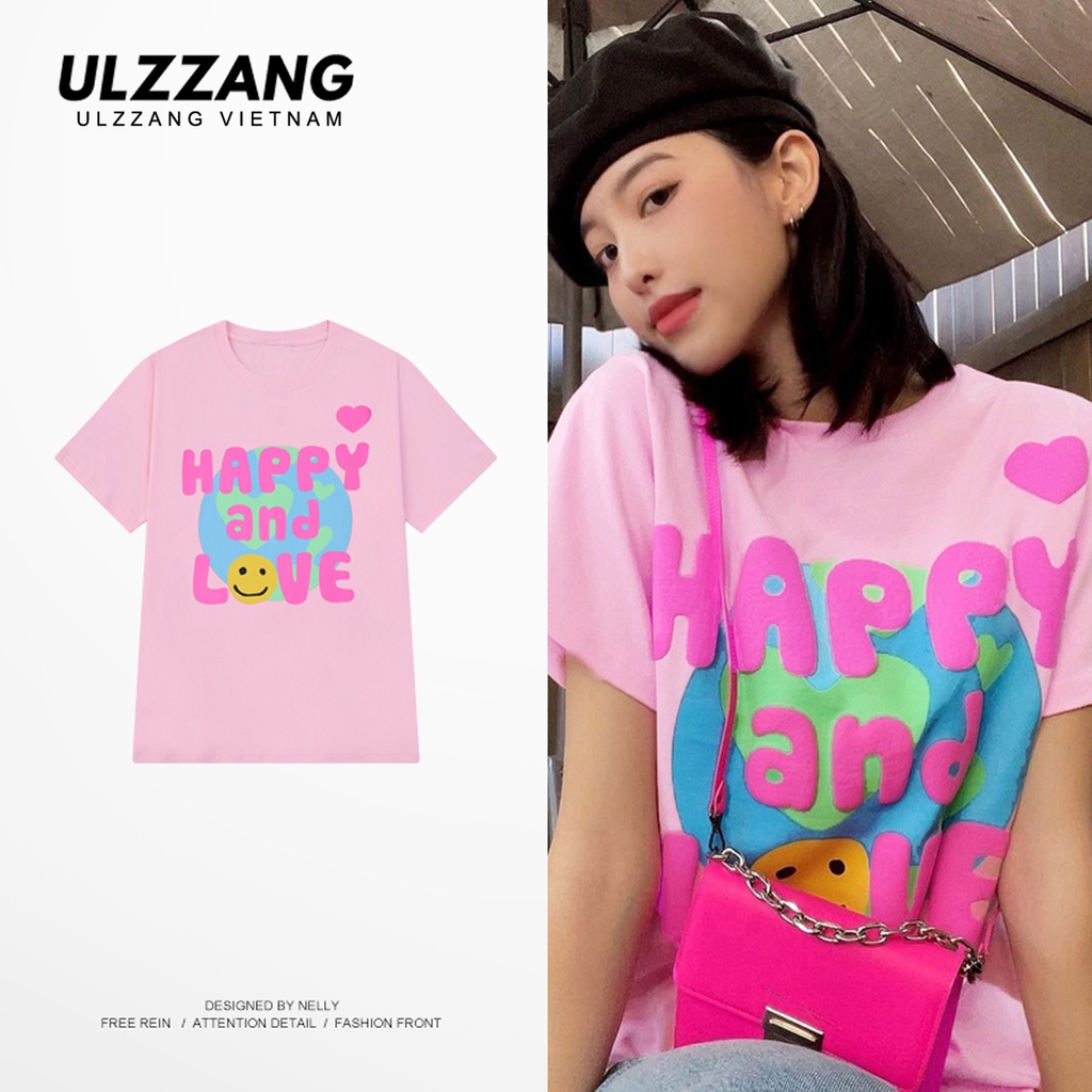 Áo thun unisex nữ ulzz ulzzang form dáng rộng tay lỡ happy and love cotton premium
