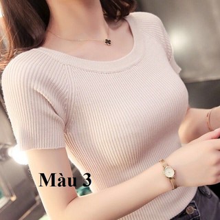 áo len tăm nữ cộc tay cổ tròn