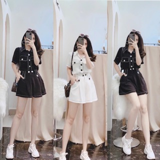 S584 set áo sơ mi phối túi chạy viền chỉ nổi mix quần short may quay hông cá tính