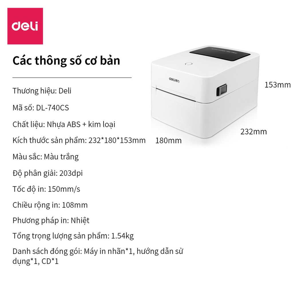 Máy In Nhiệt Deli Cao Cấp Chính Hãng - In Đơn Hàng, Tem Mã Vạch, Hóa Đơn, Bill TMĐT - Kết Nối USB, Blootooth - DL-720C