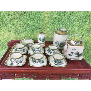 Ấm chén Bát Tràng vẽ hoa đào, Bộ ấm chén pha trà gốm sứ Bát Tràng xinh yêu