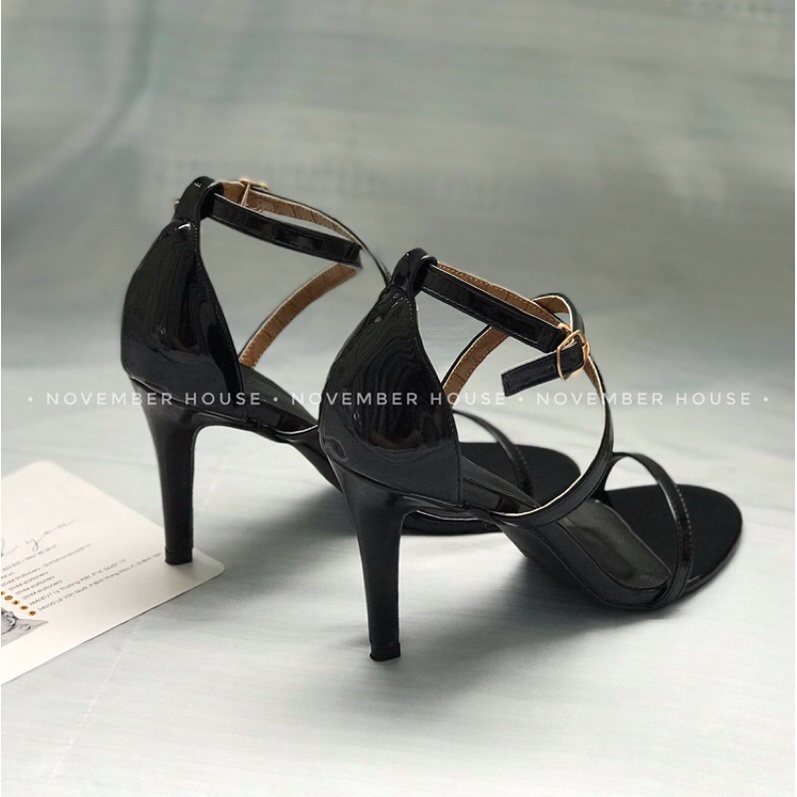 Giày sandal cao gót nữ da bóng kiểu dáng chéo dây mảnh gót nhọn bền đẹp ôm chân, SD49, November House
