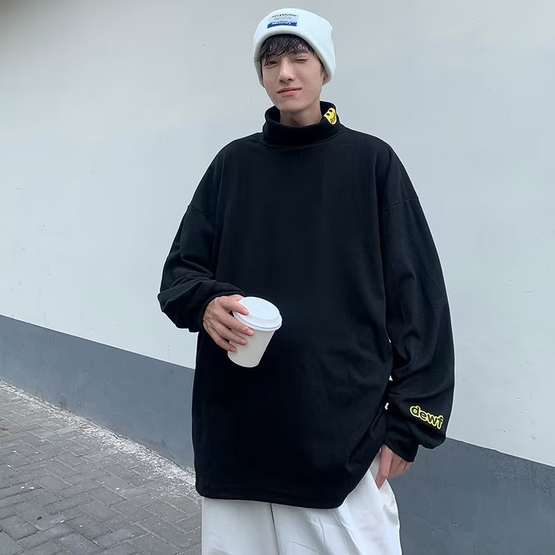 Áo Thun Nam Tay Dài Cổ Cao In Hình Mặt Cười Thời Trang Hàn Quốc