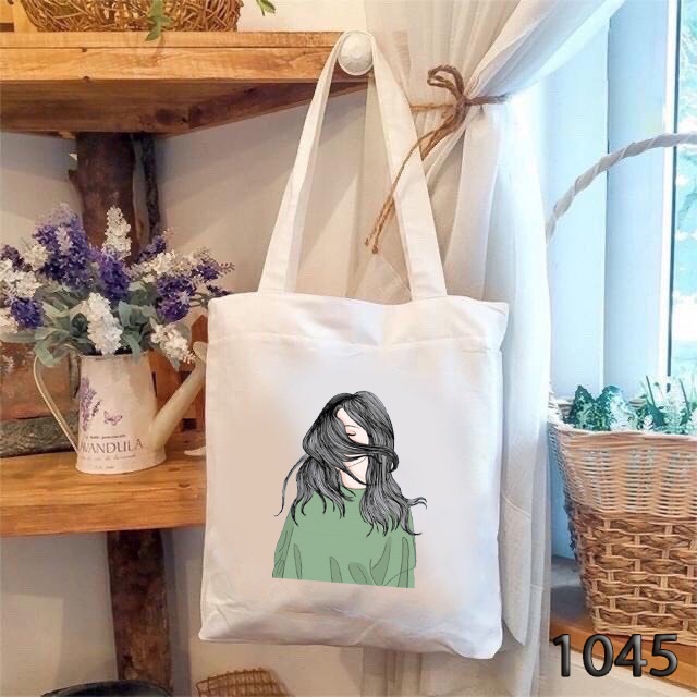 Túi Tote Vải Canvas Trắng Có Khóa Miệng Đựng Vừa A4 1045 Họa Tiết Sad Sister Hàng May Công Ty Chuẩn Đẹp