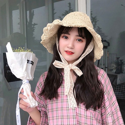 Nón nữ đi biển mũ rơm mềm tiểu thư dây ren - NC166