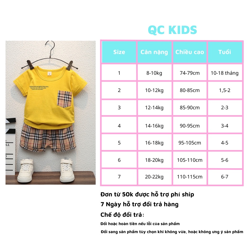Bộ cộc tay bé trai bé gái QC-KIDS, quần áo trẻ em mùa hè hàn quốc chất cotton túi kẻ caro 8-18kg