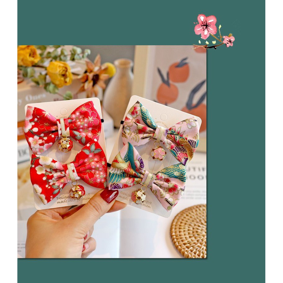 ( 1 cái ) Cài tóc nơ HỌA TIẾT NHẬT BẢN gắn lục lạc phụ kiện kẹp tóc nữ xinh xắn cosplay