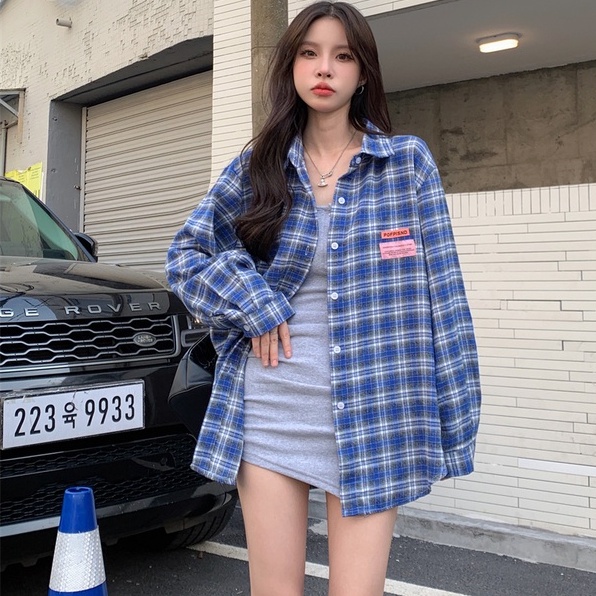 【ZHELIHANGFEI】Áo Sơ Mi Nữ Tay Dài Dáng Rộng Họa Tiết Caro Màu Xanh Dương Dễ Phối Đồ