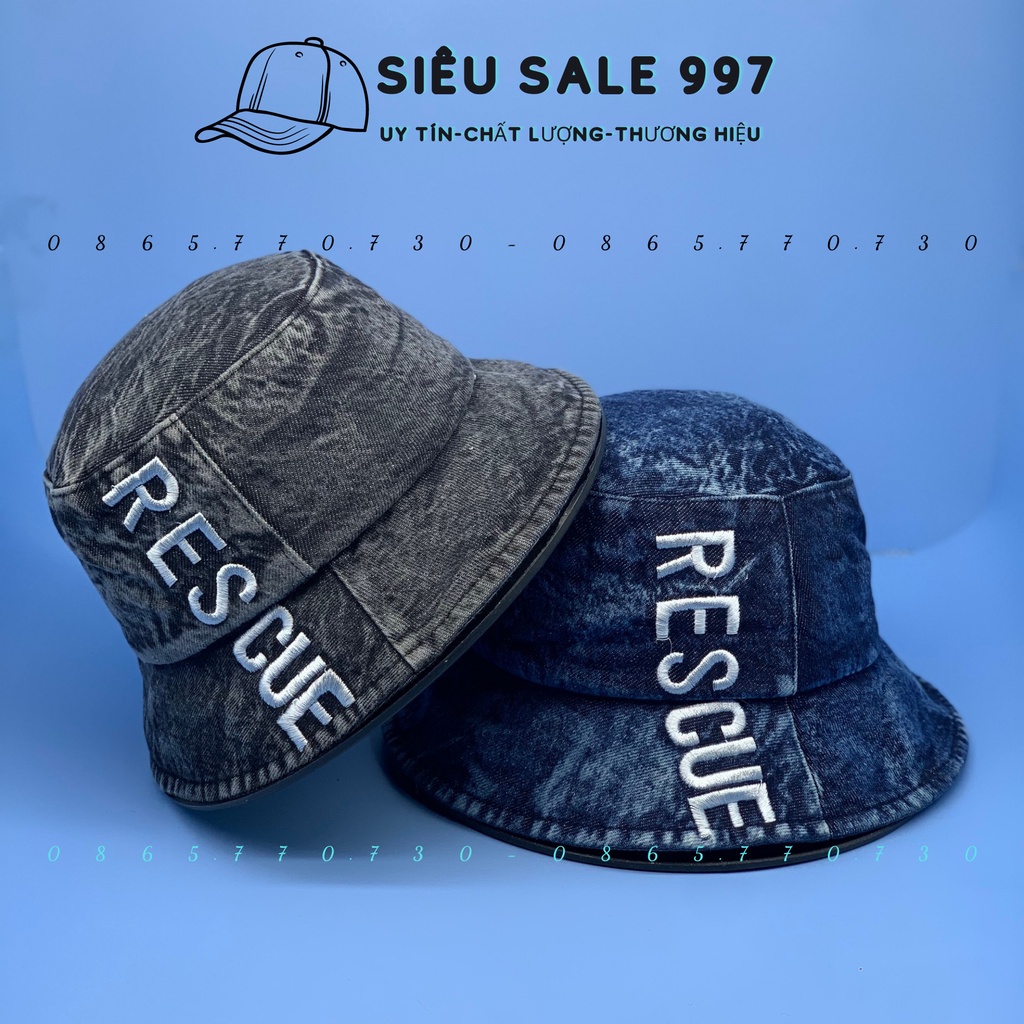 MŨ BUCKET RESCUE CHẤT JEAN THÊU CHỮ  DỌC THỜI TRANG HOT HIT NAM NỮ CAO CẤP