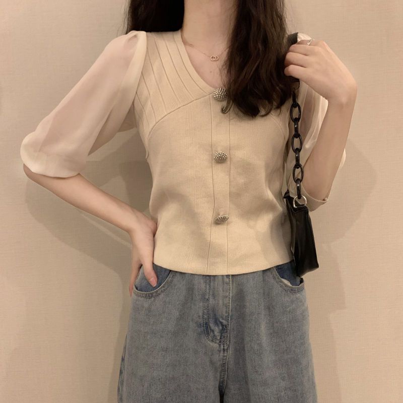 Áo Dệt Kim Phối Ren Thời Trang Mùa Hè Pháp Cho Nữ