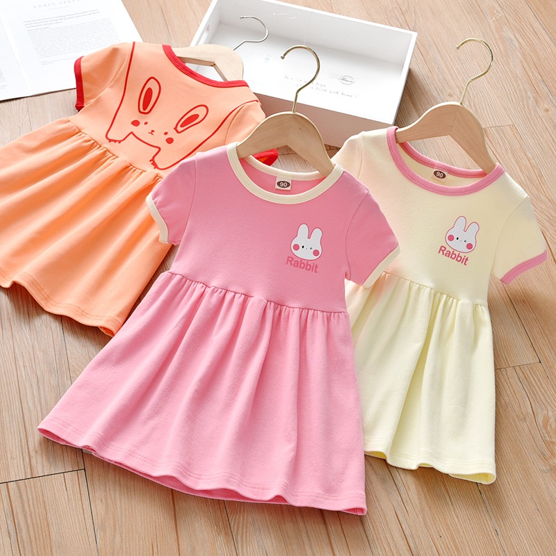 Đầm Ngắn Tay In Hình Thỏ Dễ Thương Thời Trang Mùa Hè Cho Bé Gái Mới