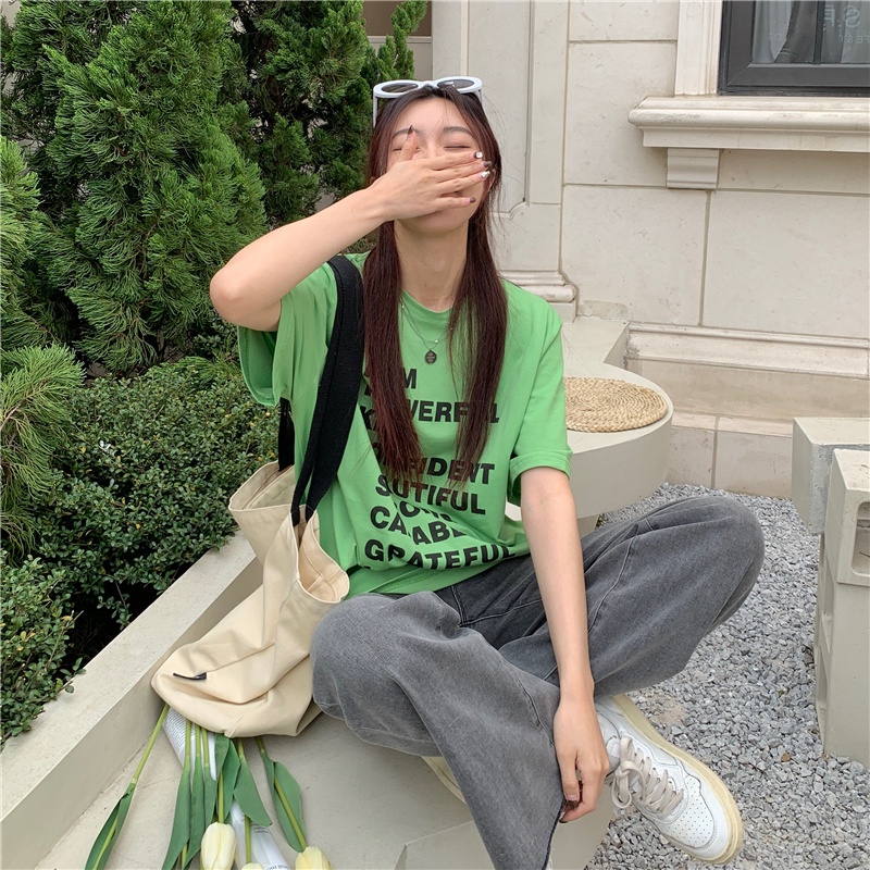 SUXI Áo Thun Tay Ngắn Cổ Tròn Dáng Rộng In Chữ Thời Trang Mùa Hè Cho Nữ