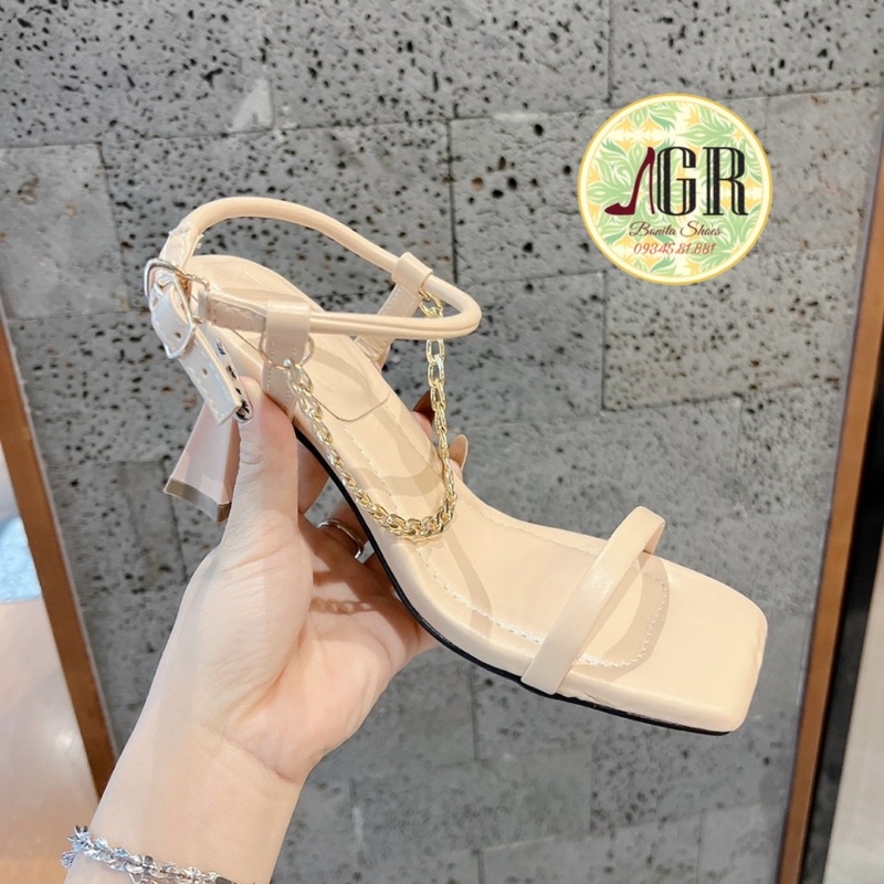 Sandal quai mảnh lót đệm phồng phối xích gót nhọn 6p
