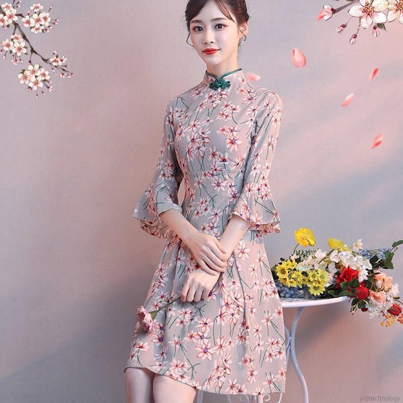 Summer Fashion Retrol National Style Floral Print Long Cheongsam Dress | WebRaoVat - webraovat.net.vn