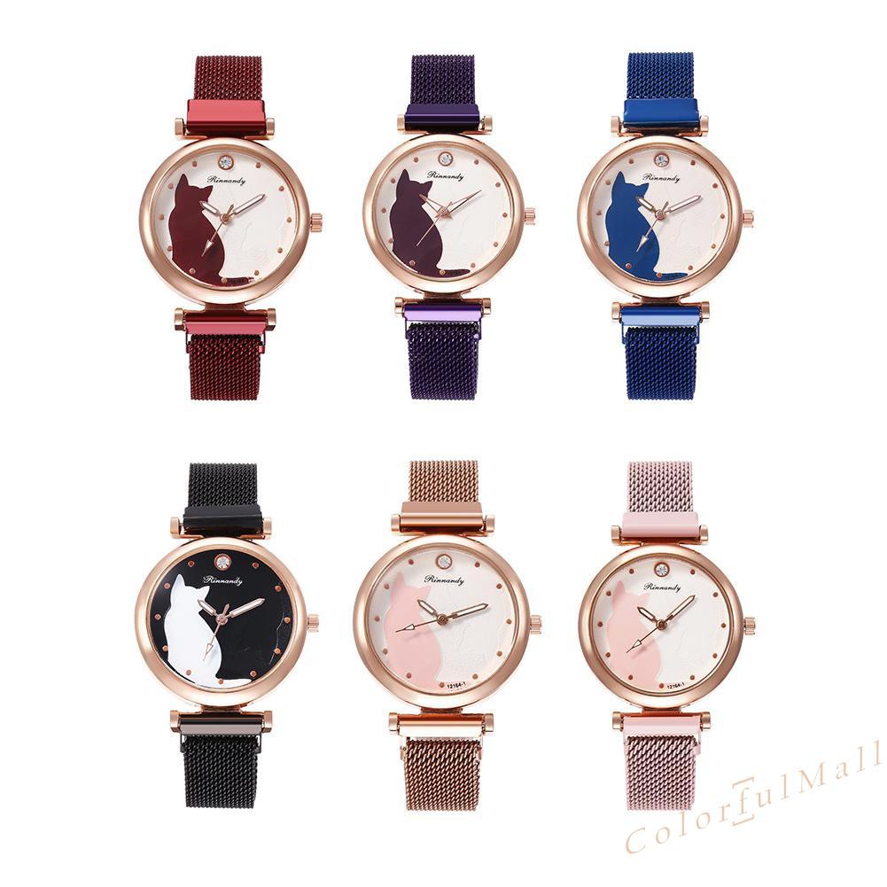 Women Fashion Mesh Band Watches Magnet Buckle Cartoon Cat Dial Wristwatch