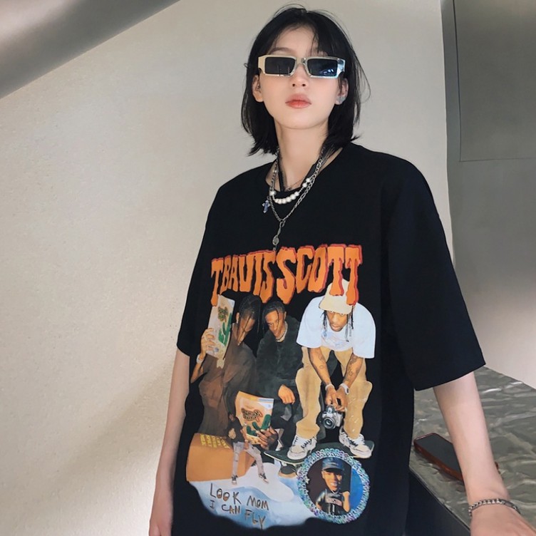 QADCOL Áo thun tay ngắn cá tính retro hiphop phong cách đường phố Mỹ